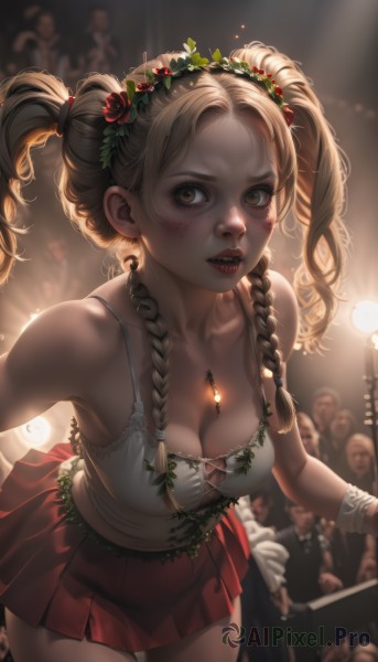 1girl,solo,long hair,breasts,looking at viewer,open mouth,bangs,skirt,blonde hair,brown hair,hair ornament,gloves,cleavage,bare shoulders,twintails,brown eyes,jewelry,medium breasts,standing,collarbone,braid,flower,cowboy shot,pleated skirt,parted lips,teeth,sleeveless,solo focus,midriff,white gloves,hair flower,miniskirt,necklace,blurry,twin braids,lips,eyelashes,leaning forward,depth of field,blurry background,red skirt,camisole,freckles,nose,red lips,head wreath,bustier,crowd,white camisole,tank top,backlighting,realistic