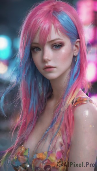 1girl,solo,long hair,breasts,looking at viewer,bangs,blue eyes,dress,cleavage,bare shoulders,jewelry,medium breasts,closed mouth,blue hair,upper body,pink hair,multicolored hair,earrings,sleeveless,artist name,blurry,two-tone hair,lips,grey eyes,eyelashes,makeup,depth of field,blurry background,watermark,floral print,web address,freckles,realistic,nose,bokeh,hair between eyes,swimsuit,flower,bikini,shiny,necklace,streaked hair,wet,expressionless,pink flower,eyeshadow,pink lips,wet hair,mascara