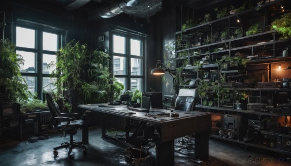 day,indoors,tree,cup,no humans,window,chair,table,sunlight,plant,scenery,desk,plate,potted plant,lamp,ruins,shelf,kitchen,sink,ceiling light,wooden floor,light,cabinet,stove