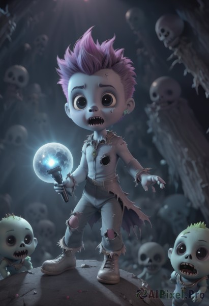 looking at viewer,short hair,open mouth,shirt,1boy,holding,jewelry,standing,full body,pink hair,male focus,earrings,boots,multiple boys,teeth,belt,pants,necklace,black eyes,torn clothes,glowing,brown footwear,piercing,denim,sharp teeth,staff,ear piercing,child,skull,jeans,fantasy,magic,male child,scared,orb,zombie,torn pants,flashlight,sweat,shoes,solo focus,artist name,colored skin,spiked hair,ghost,stitches,spotlight