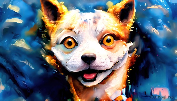 HQ,solo,looking at viewer,open mouth,yellow eyes,teeth,tongue,tongue out,orange eyes,no humans,animal,blue background,portrait,dog,animal focus,shiba inu,water,fish,fox