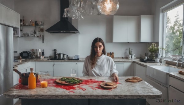 1girl,solo,long hair,looking at viewer,brown hair,shirt,black hair,1boy,holding,brown eyes,closed mouth,white shirt,food,day,indoors,cup,window,blood,table,bottle,knife,plant,plate,drinking glass,realistic,glass,holding knife,cooking,meat,kitchen,jar,frying pan,sink,counter,kitchen knife,cutting board,long sleeves,sitting,tree,chair,scenery,bowl,bread