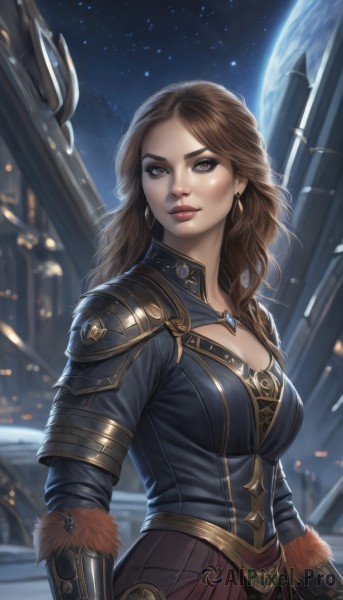 1girl,solo,long hair,breasts,looking at viewer,large breasts,brown hair,cleavage,brown eyes,jewelry,medium breasts,upper body,earrings,parted lips,sky,artist name,armor,lips,fur trim,clothing cutout,makeup,night,moon,cleavage cutout,lipstick,shoulder armor,gauntlets,star (sky),night sky,eyeshadow,starry sky,pauldrons,nose,red lips,planet,skirt,weapon,blurry,realistic,space