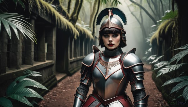 1girl,solo,looking at viewer,short hair,bangs,black hair,brown eyes,upper body,outdoors,pointy ears,blunt bangs,armor,black eyes,tree,lips,makeup,helmet,feathers,lipstick,shoulder armor,gauntlets,nature,forest,pauldrons,breastplate,red lips,full armor,chainmail,plate armor,plant,knight,visor (armor)