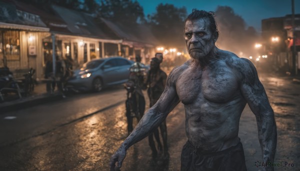 black hair,1boy,hat,navel,weapon,male focus,outdoors,multiple boys,sky,solo focus,belt,pants,blurry,uniform,tree,gun,muscular,night,colored skin,facial hair,ground vehicle,building,night sky,motor vehicle,6+boys,topless male,city,realistic,car,road,police,lamppost,chest hair,street,police uniform,zombie,looking at viewer,short hair,closed mouth,tattoo,blurry background,parody,eyepatch,abs,muscular male,beard,arm tattoo