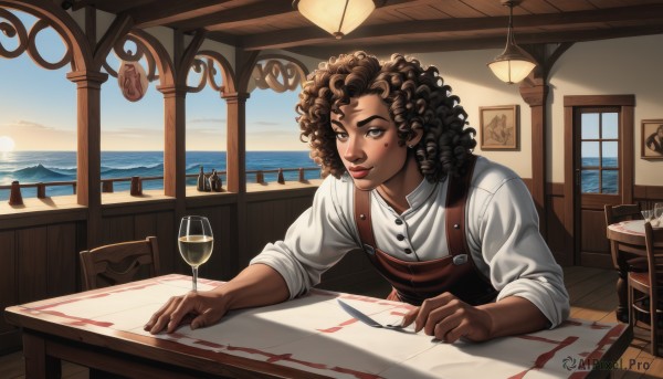 1girl,solo,long hair,looking at viewer,smile,brown hair,shirt,black hair,brown eyes,sitting,white shirt,sky,day,cloud,indoors,dark skin,water,mole,apron,dark-skinned female,cup,blue sky,lips,fingernails,mole under eye,window,ocean,chair,table,sunlight,thick eyebrows,knife,plate,alcohol,sleeves rolled up,drinking glass,curly hair,nose,horizon,glass,lamp,overalls,wine glass,very dark skin,wooden table,tablecloth,long sleeves,1boy,closed mouth,upper body,male focus,outdoors,makeup,buttons,bird,dark-skinned male,paper,sun,wine