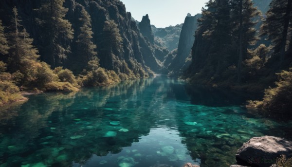 outdoors,sky,day,water,tree,no humans,sunlight,nature,scenery,forest,reflection,rock,mountain,river,landscape,lake,blue sky,waterfall