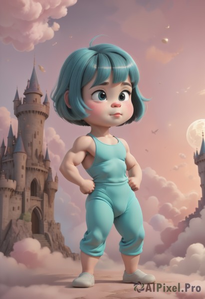 1girl,solo,blush,short hair,bangs,blue eyes,bare shoulders,closed mouth,blue hair,standing,full body,ahoge,small breasts,outdoors,sky,shoes,sleeveless,pants,artist name,cloud,signature,flat chest,aqua eyes,lips,aqua hair,muscular,bird,watermark,moon,white footwear,thick eyebrows,cloudy sky,tank top,child,full moon,hands on hips,female child,overalls,castle,night,smoke,realistic