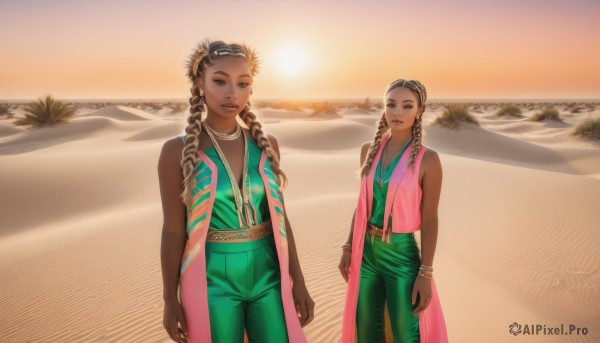 long hair,looking at viewer,multiple girls,blonde hair,brown hair,black hair,2girls,brown eyes,jewelry,standing,braid,earrings,outdoors,sleeveless,belt,pants,dark skin,water,necklace,vest,bracelet,dark-skinned female,lips,siblings,ocean,beach,drill hair,sisters,dual persona,curly hair,sunset,twins,sand,arms at sides,sun,green pants,very dark skin,desert,dreadlocks,smile,multicolored hair,hairband,makeup,lipstick,eyeshadow,bangle