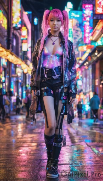 1girl,solo,long hair,breasts,looking at viewer,bangs,blue eyes,gloves,holding,cleavage,twintails,jewelry,medium breasts,standing,jacket,full body,weapon,pink hair,boots,outdoors,open clothes,solo focus,choker,belt,pants,fingerless gloves,necklace,black footwear,holding weapon,blurry,open jacket,lips,gun,thigh strap,blurry background,knee boots,holding gun,handgun,walking,realistic,leather,cyberpunk,neon lights,shorts,socks,nail polish,black jacket,short shorts,night,black shorts,building,rain,city,road,street