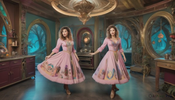 1girl,long hair,breasts,looking at viewer,smile,multiple girls,brown hair,long sleeves,dress,2girls,cleavage,brown eyes,jewelry,standing,earrings,boots,indoors,necklace,tree,cup,window,makeup,night,holding hands,chair,brown footwear,table,bottle,plant,pink dress,desk,reflection,curly hair,lantern,mirror,skirt hold,fantasy,door,clock,lamp,mushroom,shelf,vase,jar,drawer,cabinet,chest of drawers,open mouth,medium breasts,full body,flower,high heels,lips,scenery,wooden floor,candle,rug