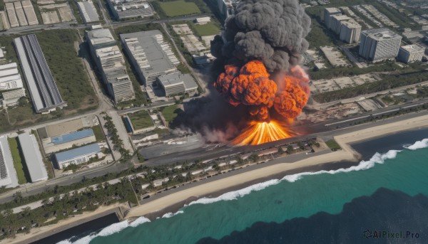 outdoors,sky,day,water,tree,no humans,window,ocean,fire,ground vehicle,building,scenery,motor vehicle,smoke,city,watercraft,explosion,ruins,waves,destruction,military vehicle,debris