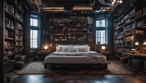 day,indoors,cup,pillow,book,no humans,window,bed,chair,table,sunlight,scenery,wooden floor,bookshelf,lamp,bedroom,stool,shelf,library,ladder,carpet,rug,cabinet,bed sheet,blanket,tiles,tile floor,book stack,ceiling,ceiling light