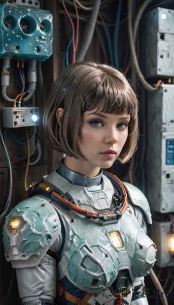 1girl,solo,breasts,looking at viewer,short hair,bangs,blue eyes,brown hair,medium breasts,upper body,parted lips,blunt bangs,armor,lips,bodysuit,bob cut,shoulder armor,freckles,science fiction,breastplate,realistic,nose,cable,power armor,spacesuit,signature,robot,tube,astronaut