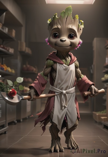 solo,looking at viewer,smile,1boy,holding,brown eyes,closed mouth,standing,full body,weapon,flower,male focus,food,indoors,hood,blurry,apron,torn clothes,blurry background,rose,plant,red flower,furry,1other,robe,red rose,potted plant,axe,holding axe,colored skin,leaf,furry male,male child,kitchen