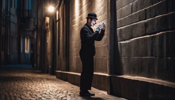 solo,short hair,open mouth,black hair,long sleeves,1boy,hat,holding,standing,jacket,full body,male focus,outdoors,shoes,pants,black footwear,blurry,uniform,from side,black jacket,black headwear,night,facial hair,black pants,formal,suit,mustache,brick wall,police,police uniform,photo background,police hat,alley,brown hair,shirt,red eyes,gloves,necktie,white gloves,hands up,blurry background,parody,reading,road,lamppost,street,black suit,bowler hat