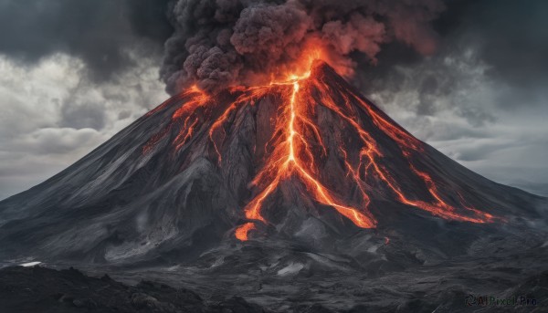 outdoors, sky, cloud, signature, no humans, cloudy sky, fire, scenery, smoke, mountain, lightning, molten rock