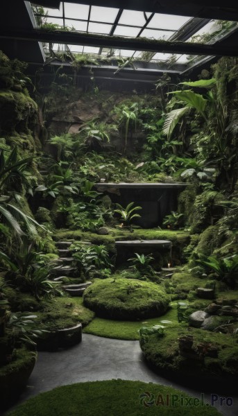 outdoors,day,indoors,tree,no humans,window,leaf,grass,plant,scenery,stairs,potted plant,ruins,green theme,moss,overgrown,nature,rock