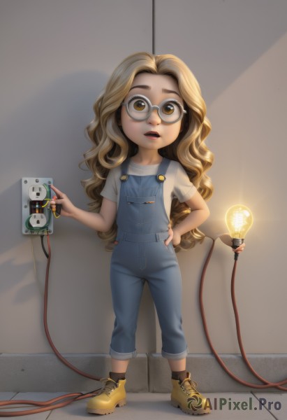 1girl,solo,long hair,looking at viewer,smile,open mouth,blonde hair,brown hair,shirt,holding,brown eyes,standing,full body,white shirt,short sleeves,boots,shoes,glasses,socks,hand on hip,shadow,wavy hair,denim,t-shirt,child,round eyewear,female child,overalls,cable,spotlight,blue overalls,parted lips,teeth,flat chest,lips,brown footwear,black socks,freckles,yellow footwear,light bulb,flashlight