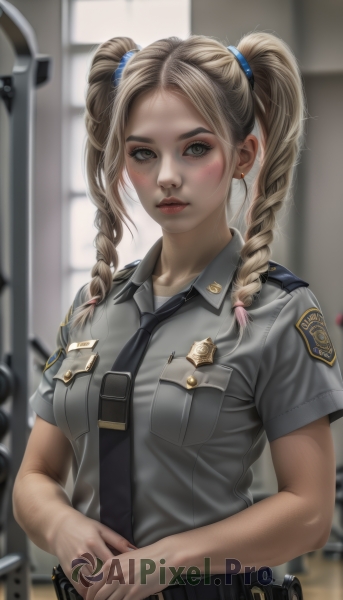 1girl,solo,long hair,breasts,looking at viewer,blush,blonde hair,shirt,twintails,brown eyes,jewelry,medium breasts,closed mouth,upper body,weapon,braid,short sleeves,earrings,necktie,collared shirt,belt,indoors,blurry,uniform,lips,gun,grey eyes,makeup,depth of field,blurry background,drill hair,own hands together,lipstick,twin drills,black necktie,freckles,pocket,red lips,breast pocket,holster,badge,police,police uniform,policewoman,bangs,hair ornament,collarbone,parted lips,artist name,twin braids,blue shirt,grey shirt,forehead,handgun,pouch,realistic,nose,belt pouch,police hat,utility belt,walkie-talkie