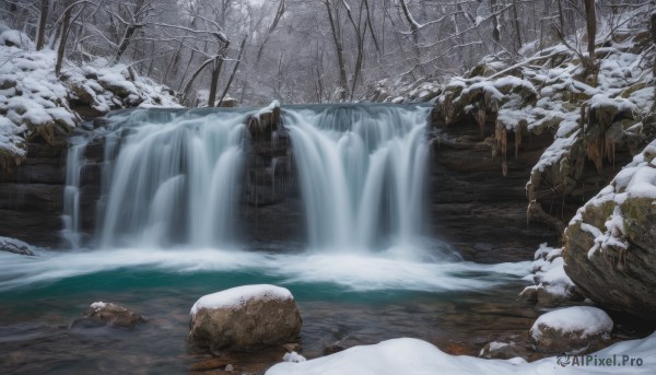 The wonder of a waterfall in a bold snowy outdoors