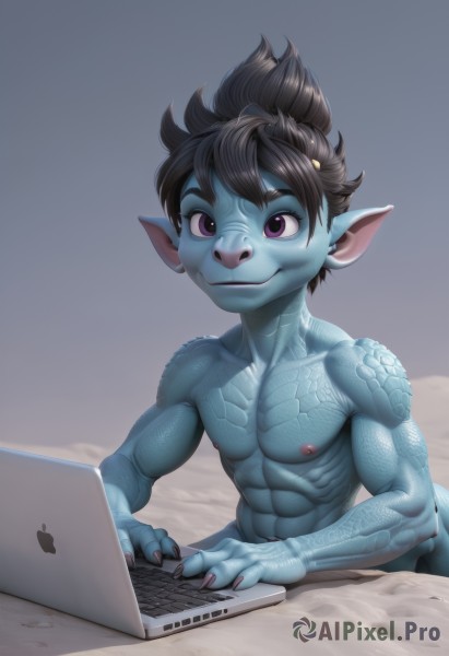 solo,looking at viewer,smile,black hair,1boy,closed mouth,nipples,purple eyes,tail,upper body,male focus,pointy ears,fingernails,muscular,colored skin,abs,pectorals,topless male,blue skin,scales,computer,male child,laptop,monster boy,keyboard (computer),yordle,dragon boy,1girl,short hair,lips,tattoo,thick eyebrows,web address,nose,green skin,full-body tattoo,gills