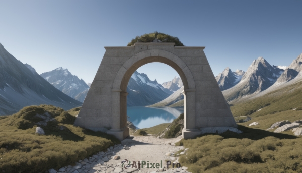 outdoors,sky,day,water,tree,blue sky,no humans,grass,nature,scenery,rock,mountain,pillar,landscape,mountainous horizon,ruins,cliff,arch,stone