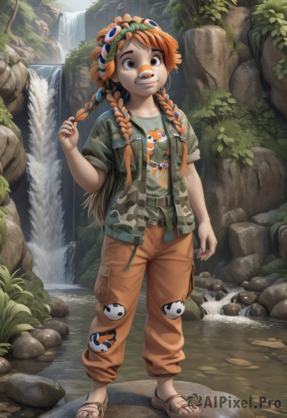 1girl,solo,long hair,smile,brown hair,shirt,brown eyes,standing,jacket,full body,braid,short sleeves,outdoors,open clothes,day,belt,pants,water,bag,orange hair,black eyes,twin braids,open jacket,toes,watermark,brown footwear,sandals,backpack,animal print,nature,bandaid,freckles,rock,green shirt,bandaid on face,holding hair,camouflage,river,waterfall,playing with own hair,grass,goggles,goggles on head,overalls,stream,frog print