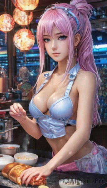 long hair,breasts,looking at viewer,smile,bangs,blue eyes,multiple girls,skirt,large breasts,navel,2girls,cleavage,bare shoulders,jewelry,medium breasts,sitting,collarbone,ponytail,pink hair,sidelocks,hairband,earrings,food,sleeveless,solo focus,midriff,indoors,nail polish,mole,cup,lips,crop top,fingernails,window,floral print,table,steam,pink nails,plate,bowl,hoop earrings,lantern,chopsticks,glass,lamp,bar (place),restaurant,counter,1girl,1boy,closed mouth,bikini,multiple boys,artist name,signature,watermark,bikini top only,web address,veins,realistic,spoon,bald,light bulb