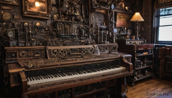 indoors,book,no humans,window,chair,table,sunlight,instrument,scenery,wooden floor,stairs,clock,bookshelf,lamp,shelf,gears,speaker,piano,globe,phonograph,steampunk,grand piano,day,stool,picture frame,painting (object),keyboard (instrument),candlestand,cabinet,sheet music,analog clock,wall clock,loaded interior