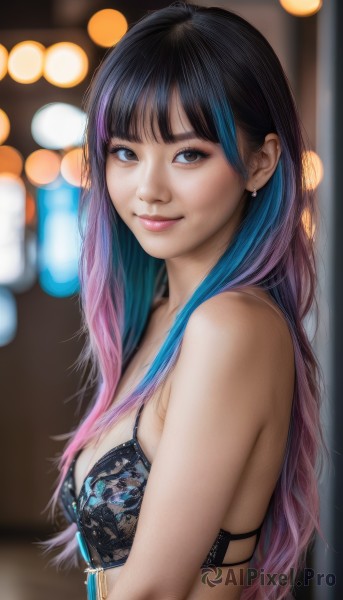 1girl,solo,long hair,breasts,looking at viewer,smile,bangs,black hair,bare shoulders,brown eyes,jewelry,medium breasts,closed mouth,underwear,blue hair,upper body,pink hair,multicolored hair,earrings,small breasts,bra,blurry,from side,two-tone hair,lips,gradient hair,depth of field,blurry background,lingerie,black bra,realistic,nose,bokeh,cleavage,blunt bangs,streaked hair,looking to the side,makeup,underwear only