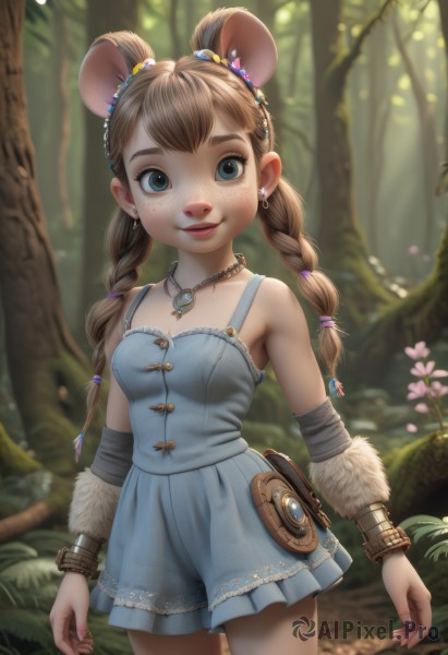 1girl,solo,long hair,breasts,looking at viewer,smile,bangs,blue eyes,brown hair,hair ornament,dress,animal ears,bare shoulders,twintails,jewelry,standing,braid,flower,cowboy shot,earrings,small breasts,outdoors,sleeveless,day,artist name,necklace,blurry,twin braids,bracelet,tree,lips,fur trim,depth of field,blurry background,blue dress,short dress,child,nature,pendant,forest,freckles,mouse ears,arms at sides,female child