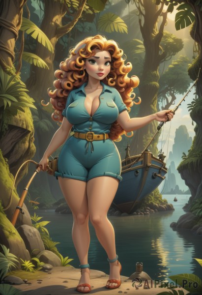 1girl,solo,long hair,breasts,looking at viewer,blush,large breasts,brown hair,shirt,holding,cleavage,brown eyes,jewelry,closed mouth,standing,collarbone,full body,weapon,short sleeves,thighs,outdoors,shorts,day,collared shirt,belt,artist name,signature,water,orange hair,feet,tree,lips,legs,no bra,makeup,toes,thick thighs,sandals,thick eyebrows,blue shirt,lipstick,nature,curvy,wide hips,forest,freckles,toenails,curly hair,pocket,rock,anklet,red lips,brown belt,breast pocket,watercraft,river,fishing rod,fishing,green eyes,huge breasts,leaf,watermark,wavy hair,web address,eyeshadow,partially unbuttoned