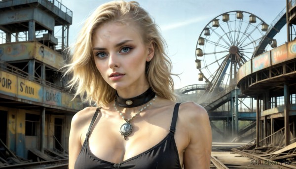 HQ,1girl,solo,long hair,breasts,looking at viewer,blue eyes,blonde hair,large breasts,cleavage,bare shoulders,jewelry,medium breasts,collarbone,upper body,earrings,outdoors,parted lips,sky,choker,day,medium hair,necklace,lips,black choker,tank top,forehead,pendant,freckles,realistic,ferris wheel,short hair,dress,collar,train station