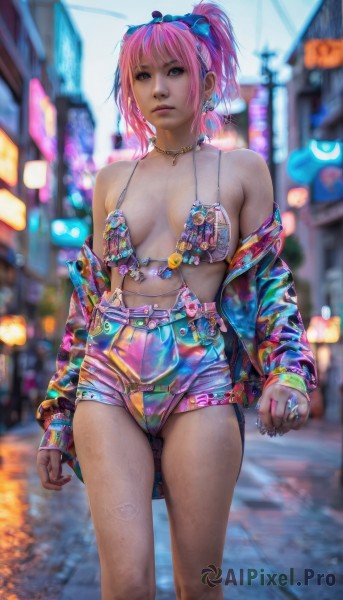 1girl,solo,breasts,looking at viewer,short hair,bangs,long sleeves,bow,navel,bare shoulders,brown eyes,jewelry,medium breasts,closed mouth,standing,jacket,swimsuit,ponytail,pink hair,hair bow,bikini,hairband,earrings,outdoors,open clothes,shorts,belt,necklace,off shoulder,nail polish,blurry,open jacket,lips,fingernails,short shorts,depth of field,blurry background,feet out of frame,blue bow,piercing,ring,breasts apart,multicolored clothes,blue nails,city,realistic,badge,multicolored nails,button badge,blue eyes,cleavage,makeup,night,watermark,denim,blue jacket,building,ear piercing,bikini top only,web address,pink nails,denim shorts,pink lips,road,pink jacket,navel piercing,street,multicolored jacket,colorful,multicolored bikini,nail art,denim jacket