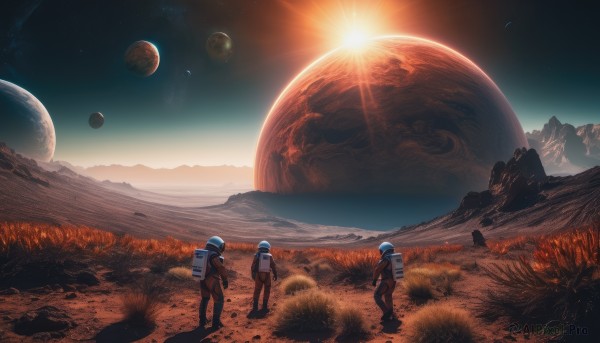 standing,male focus,outdoors,multiple boys,sky,signature,2boys,bag,from behind,night,moon,backpack,3boys,helmet,grass,star (sky),scenery,starry sky,walking,science fiction,4boys,sunset,mountain,sun,space,wide shot,multiple others,planet,ambiguous gender,earth (planet),spacesuit,space helmet,astronaut,1other,floating,rock,2others,3others