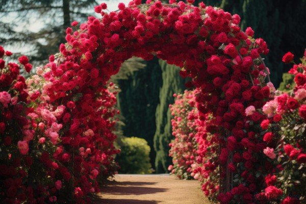 flower,outdoors,day,blurry,tree,no humans,depth of field,shadow,rose,sunlight,plant,red flower,nature,scenery,pink flower,forest,red rose,road,bush,pink rose,1girl,sky,garden