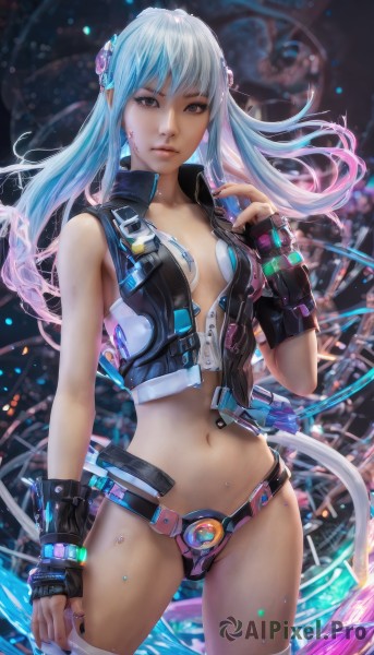 1girl,solo,long hair,breasts,looking at viewer,bangs,hair ornament,thighhighs,gloves,navel,cleavage,brown eyes,medium breasts,blue hair,standing,pink hair,multicolored hair,cowboy shot,small breasts,open clothes,midriff,fingerless gloves,nail polish,lips,gradient hair,single thighhigh,zipper,science fiction,realistic,unzipped,bare shoulders,white hair,black gloves,vest,grey eyes,revealing clothes