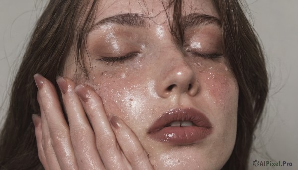 1girl,solo,long hair,open mouth,bangs,simple background,brown hair,closed eyes,parted lips,teeth,shiny,grey background,mole,lips,fingernails,shiny skin,eyelashes,mole under eye,portrait,close-up,hand on own face,freckles,realistic,nose,nail polish