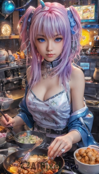 1girl,solo,long hair,breasts,looking at viewer,bangs,blue eyes,large breasts,shirt,hair ornament,ribbon,holding,cleavage,bare shoulders,twintails,jewelry,medium breasts,closed mouth,jacket,hair ribbon,white shirt,upper body,pink hair,earrings,parted lips,food,open clothes,choker,belt,indoors,necklace,off shoulder,nail polish,blurry,collar,open jacket,two side up,cup,lips,fingernails,eyelashes,scrunchie,ring,knife,blue ribbon,blue jacket,buckle,camisole,plate,blue nails,bowl,belt buckle,chopsticks,realistic,spoon,fork,glass,egg,cooking,holding chopsticks,holding spoon,meat,noodles,kitchen,frying pan,ramen,light bulb,stove,bow,collarbone,hair bow,sidelocks,horns,solo focus,artist name,blue bow,table,nose,restaurant,soup