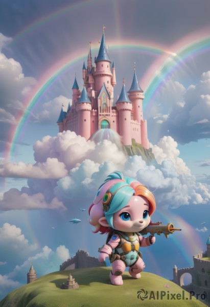 1girl,solo,smile,blue eyes,gloves,holding,closed mouth,blue hair,standing,weapon,pink hair,multicolored hair,outdoors,sky,day,pointy ears,artist name,cloud,chibi,holding weapon,orange hair,armor,two-tone hair,blue sky,gun,aqua hair,bird,watermark,cloudy sky,grass,holding gun,rifle,furry,rainbow,castle,yordle,rainbow hair,long hair