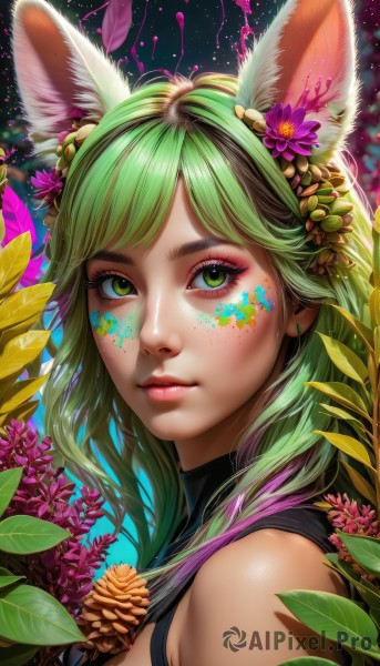 1girl,solo,long hair,looking at viewer,bangs,hair ornament,animal ears,bare shoulders,closed mouth,green eyes,upper body,flower,multicolored hair,green hair,artist name,hair flower,from side,lips,animal ear fluff,eyelashes,gradient hair,makeup,leaf,facial mark,plant,lipstick,portrait,eyeshadow,freckles,pink lips,realistic,nose,purple flower,eyeliner,facepaint,mascara,sleeveless,fox ears,thick eyebrows,web address,pink flower,yellow flower,paint splatter