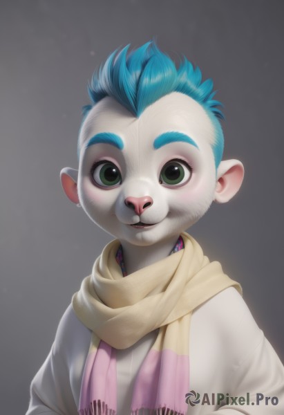 solo,looking at viewer,smile,open mouth,simple background,1boy,animal ears,green eyes,blue hair,upper body,male focus,teeth,grey background,scarf,spiked hair,furry,furry male,buck teeth,artist name,watermark,thick eyebrows,realistic,male child,yellow scarf,mohawk