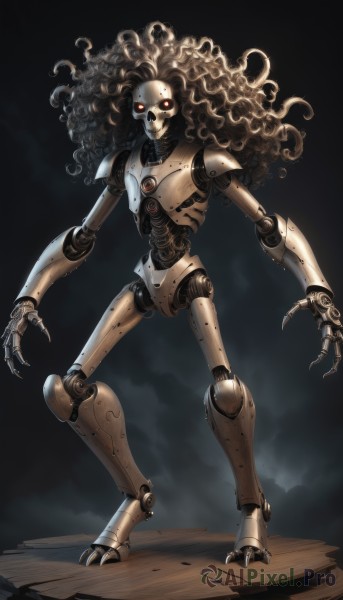 solo,long hair,looking at viewer,brown hair,red eyes,1boy,standing,full body,no humans,glowing,robot,mecha,glowing eyes,claws,1other,science fiction,curly hair,joints,cyborg,robot joints,dust,humanoid robot,1girl,black hair,mask,skull