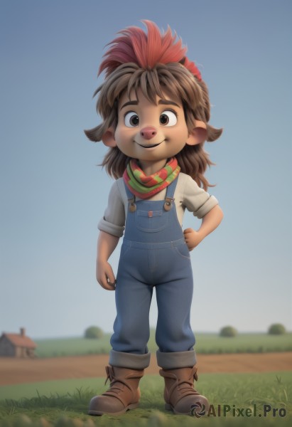 1girl,solo,long hair,looking at viewer,smile,open mouth,brown hair,shirt,1boy,animal ears,brown eyes,standing,full body,white shirt,male focus,red hair,multicolored hair,boots,outdoors,sky,day,pants,artist name,scarf,blurry,black eyes,blue sky,hand on hip,blurry background,brown footwear,grass,child,furry,sleeves rolled up,freckles,furry female,overalls,furry male,male child,blue overalls,bangs,short sleeves,sidelocks,parted lips,teeth,flat chest,two-tone hair,neckerchief,watermark,happy,thick eyebrows,grey shirt,multicolored clothes,cross-laced footwear,arm at side,red scarf,bandana,green shirt,brown fur,green scarf,red bandana