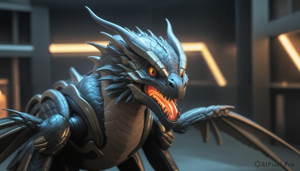 HQ,solo,looking at viewer,open mouth,tail,yellow eyes,upper body,wings,horns,teeth,blurry,orange eyes,no humans,blurry background,fangs,robot,sharp teeth,slit pupils,claws,spikes,colored sclera,science fiction,monster,dragon,scales,kaijuu,cyborg,alien