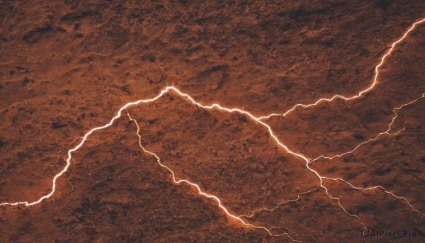 monochrome,outdoors,sky,no humans,from above,traditional media,scenery,lightning,landscape,brown theme,orange theme,cloud,water,ocean,cloudy sky,nature,sunset,horizon,shore