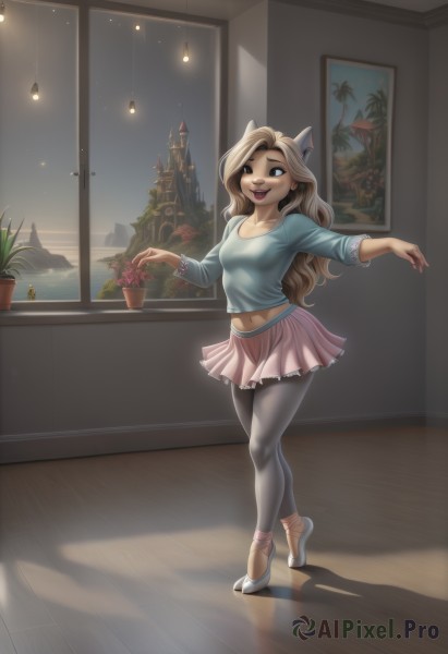 1girl,solo,long hair,breasts,looking at viewer,smile,open mouth,blue eyes,skirt,blonde hair,shirt,long sleeves,navel,animal ears,medium breasts,standing,collarbone,full body,:d,pantyhose,pleated skirt,earrings,small breasts,horns,sky,teeth,midriff,artist name,indoors,miniskirt,high heels,black pantyhose,window,night,shadow,upper teeth only,white footwear,blue shirt,plant,pink skirt,colored sclera,wooden floor,black sclera,potted plant,ballet slippers,jewelry,shoes,cat ears,lips,crop top,makeup,watermark,crossed legs,lipstick,web address,borrowed character,dancing,leggings,tiptoes,castle,painting (object),watson cross,ballerina,ballet