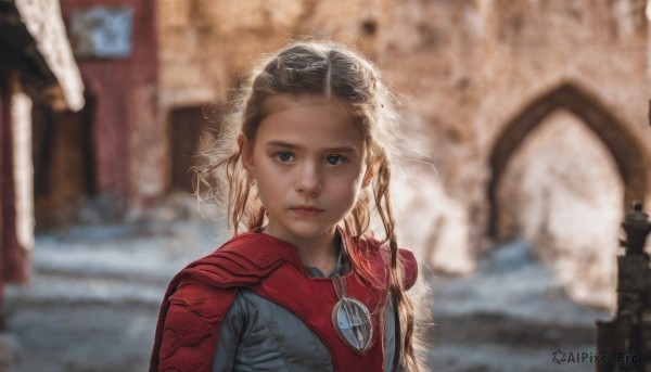 1girl,solo,long hair,looking at viewer,blue eyes,blonde hair,brown hair,jewelry,closed mouth,upper body,braid,outdoors,necklace,armor,blurry,lips,depth of field,blurry background,forehead,curly hair,realistic,animification,sunlight,portrait,backlighting