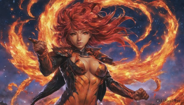 A female set against the backdrop of a captivating fiery dynamic scene